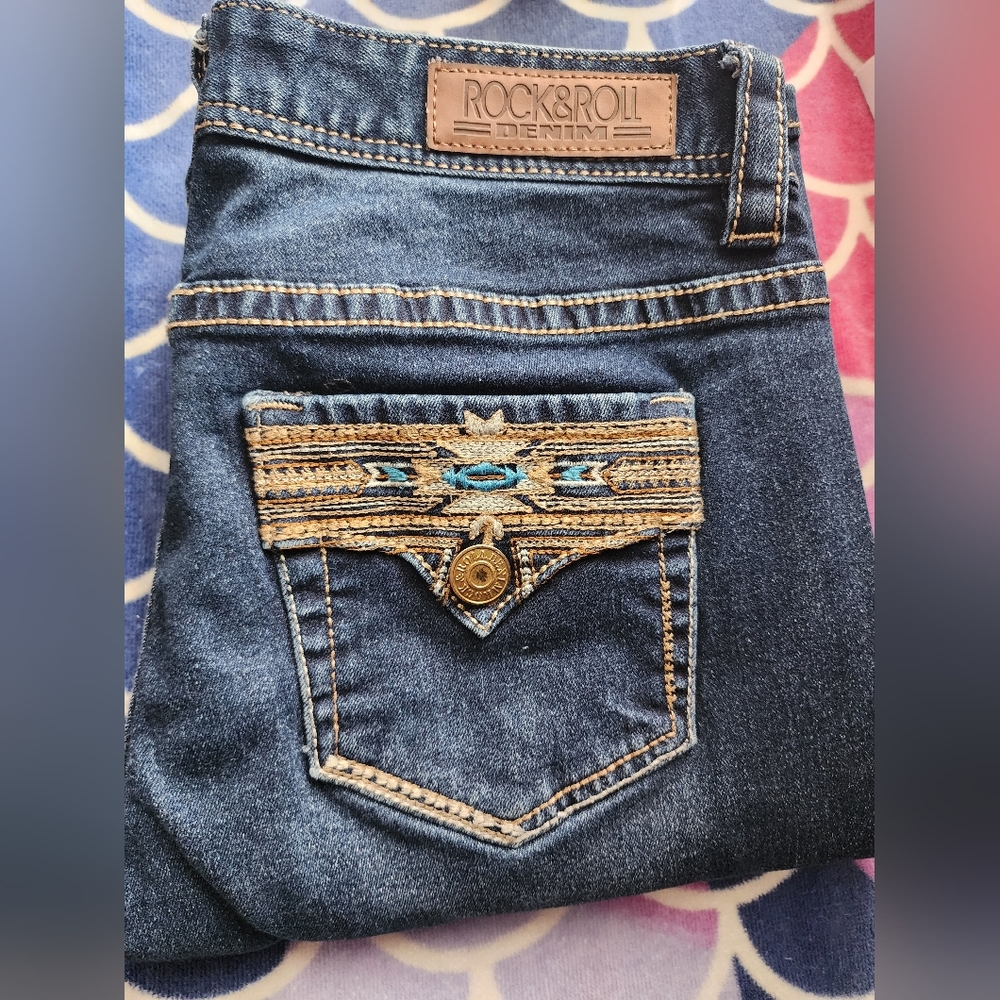 Rock & Roll Denim Jeans w Embroidered Pocket 30×34